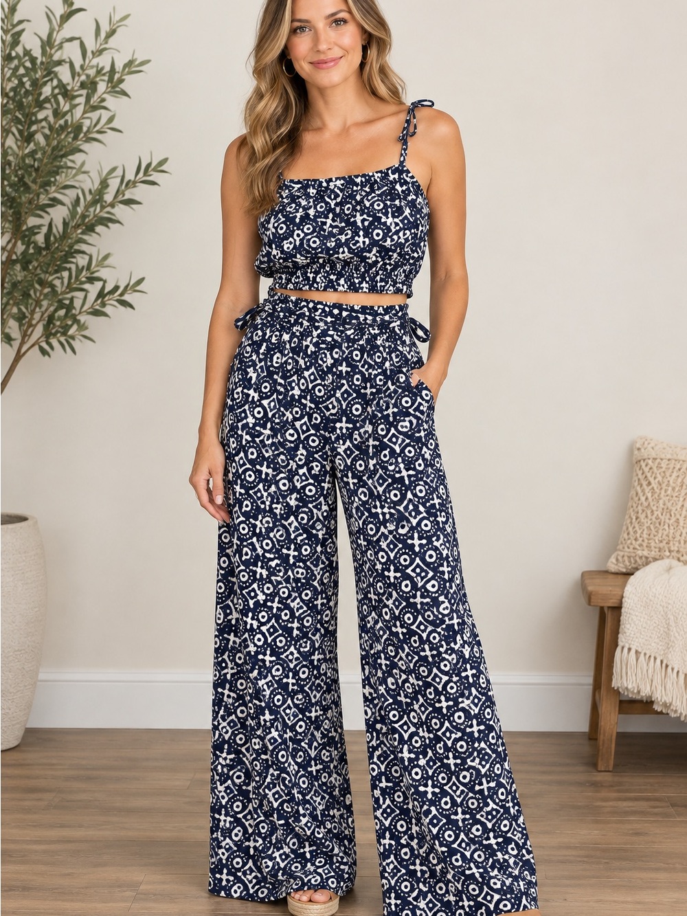 White Waves Navy & White Printed Smocked-Hem Camisole Top with matching pants